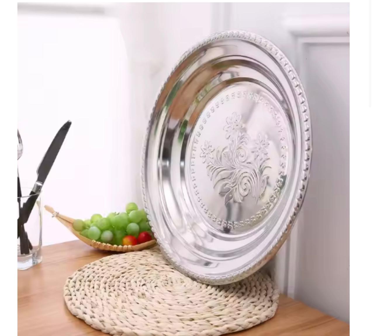 Stainless steel tray, angled view